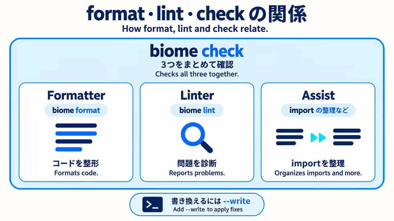 biome check combines the formatter, linter and assist. format handles formatting, lint reports problems, and --write applies fixes