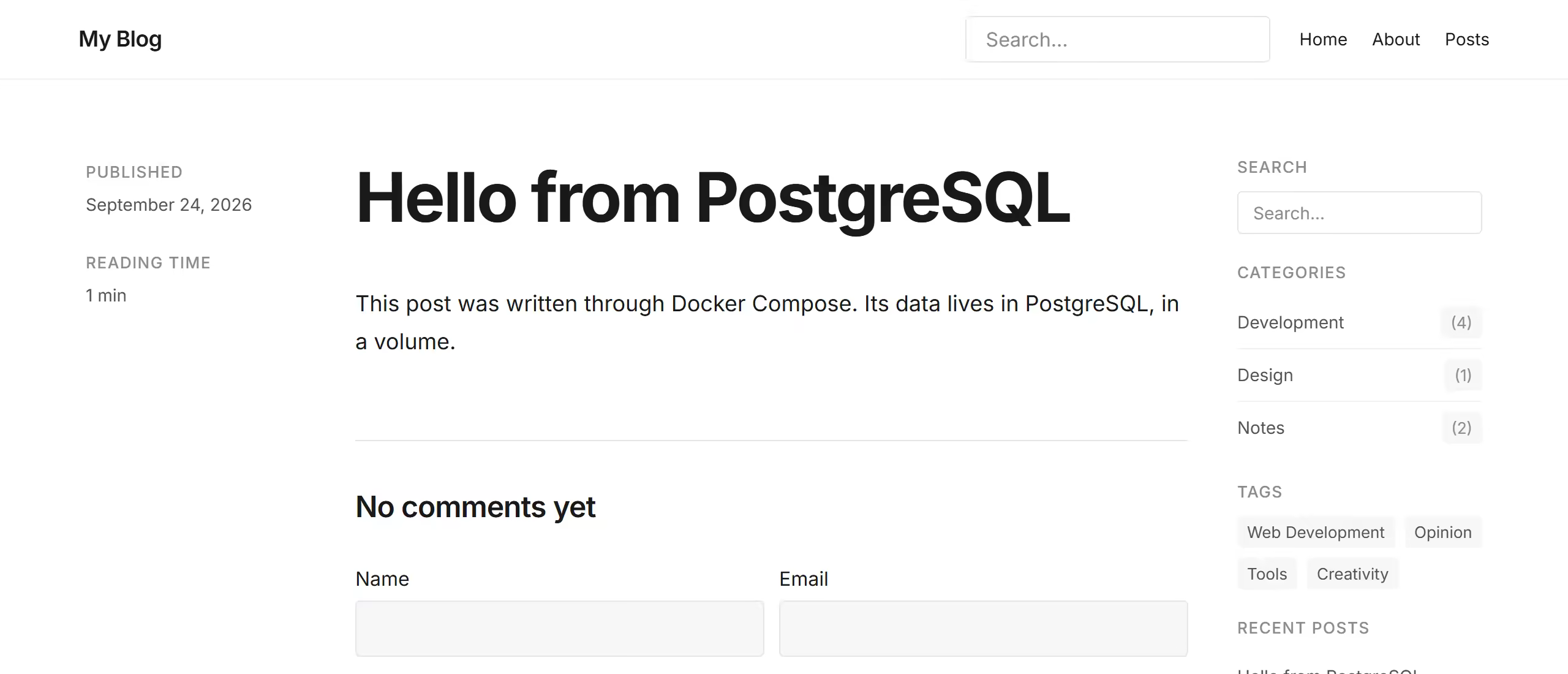 The EmDash public site showing a post titled Hello from PostgreSQL. The body is one line: This post was written through Docker Compose. Its data lives in PostgreSQL, in a volume. On the left, PUBLISHED September 24, 2026 and READING TIME 1 min; on the right, the sample posts' categories and tags and a list of recent posts