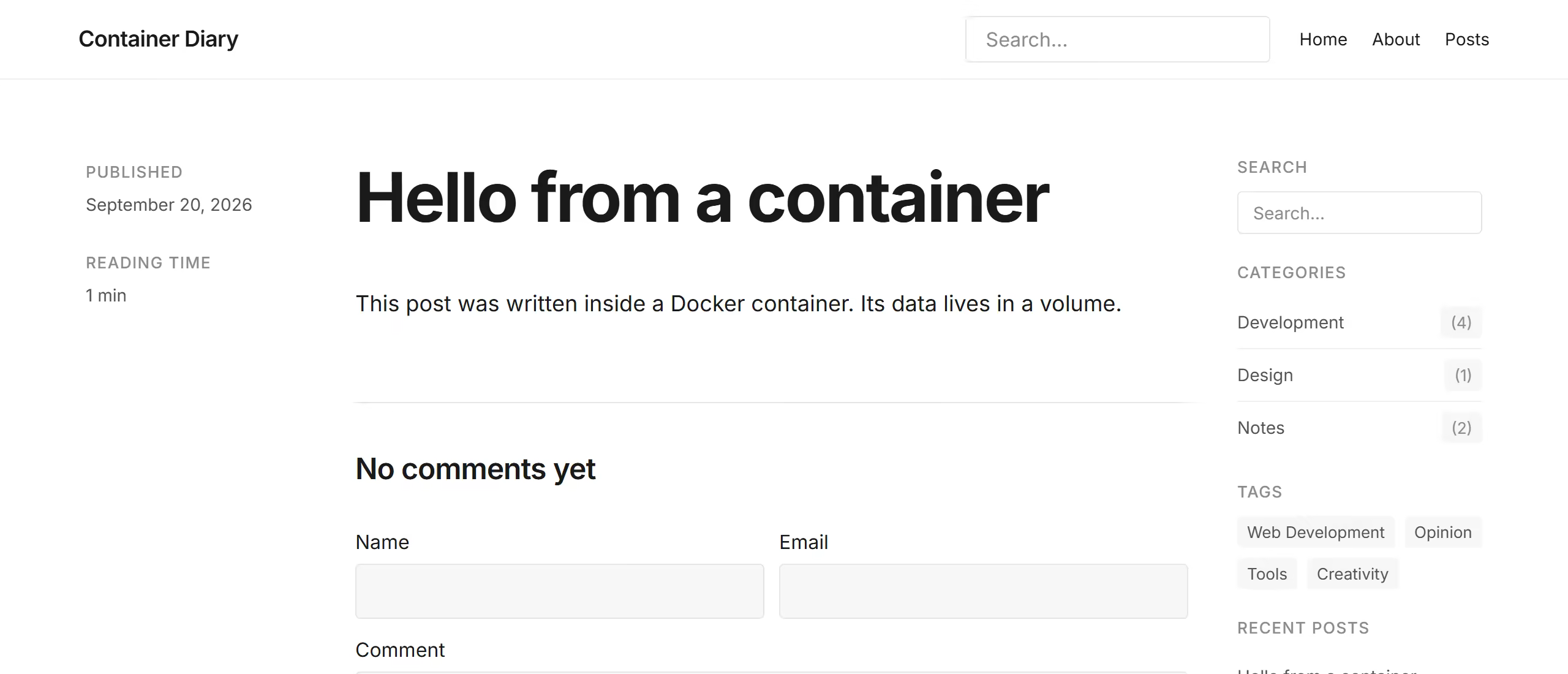 The EmDash public site showing a post titled Hello from a container. The body is one line: This post was written inside a Docker container. Its data lives in a volume. On the left, PUBLISHED September 20, 2026 and READING TIME 1 min; on the right, the sample posts' categories and tags and a list of recent posts