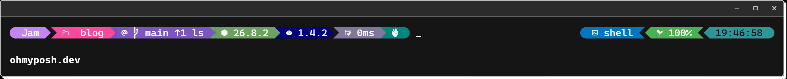 A prompt drawn by Oh My Posh: user name, the blog directory, the jj bookmark main and a change ID, Node.js 26.8.2, Bun 1.4.2, the previous command's duration and its exit status as coloured powerline chips, with the shell name, battery and clock at the right edge