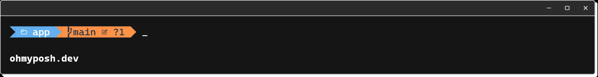 The path and git prompt with a clean working tree: the git chip is green and shows only main