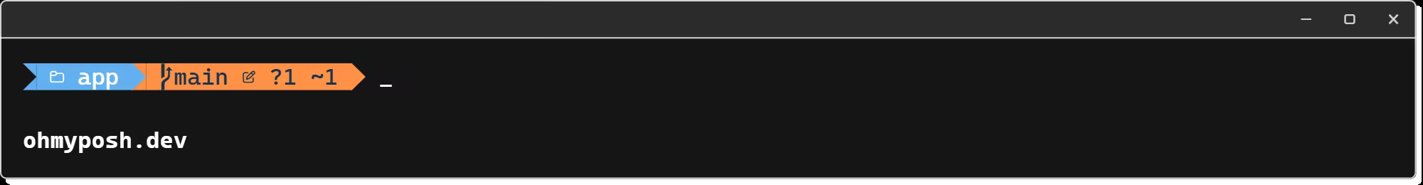 The same prompt with changes in the working tree: the git chip has turned orange and shows main followed by ?1 ~1