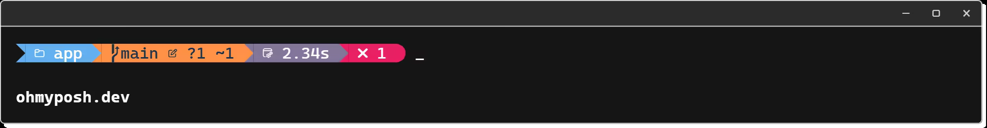 The same prompt after a failed command: a 2.34s execution-time chip has appeared and the status chip is red with ✕ 1