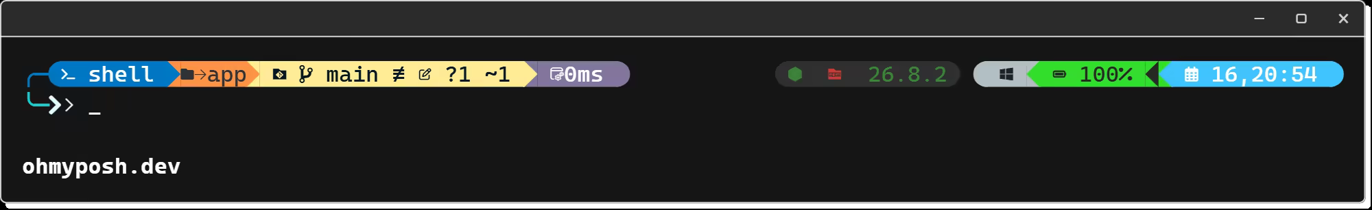 The atomic theme: shell name, the app directory, git status and execution time as chips on the left, Node.js 26.8.2, the OS, battery and date-time on the right, with the input on a second line