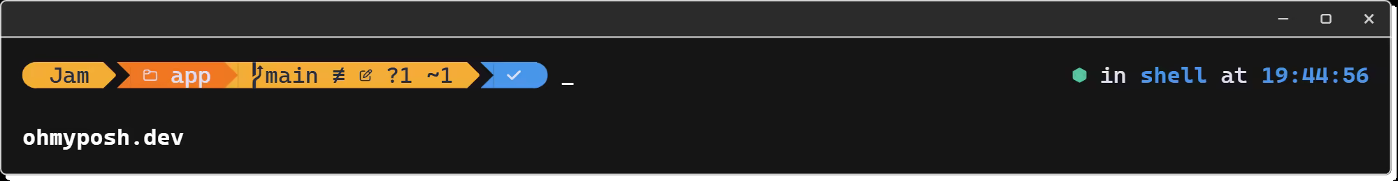 The default theme: user name, the app directory, the git branch and its changes, the exit status, and "in shell at 19:44:56" at the right edge