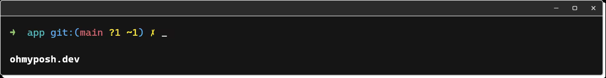 The robbyrussell theme, the oh-my-zsh default: an arrow, the directory name and git:(main ?1 ~1) on one line