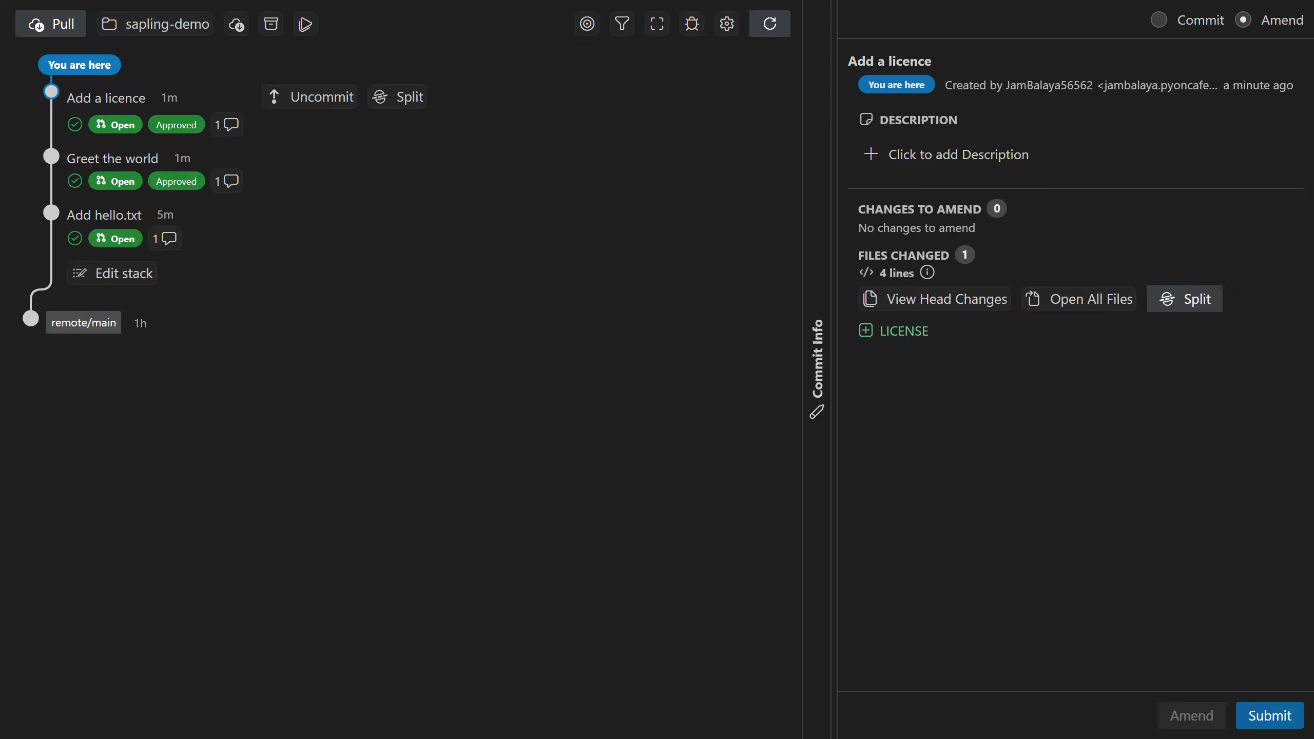 ISL: on the left the three-commit stack on remote/main, each commit with its PR number and Open / Approved badges; on the right the selected commit's description and changed files