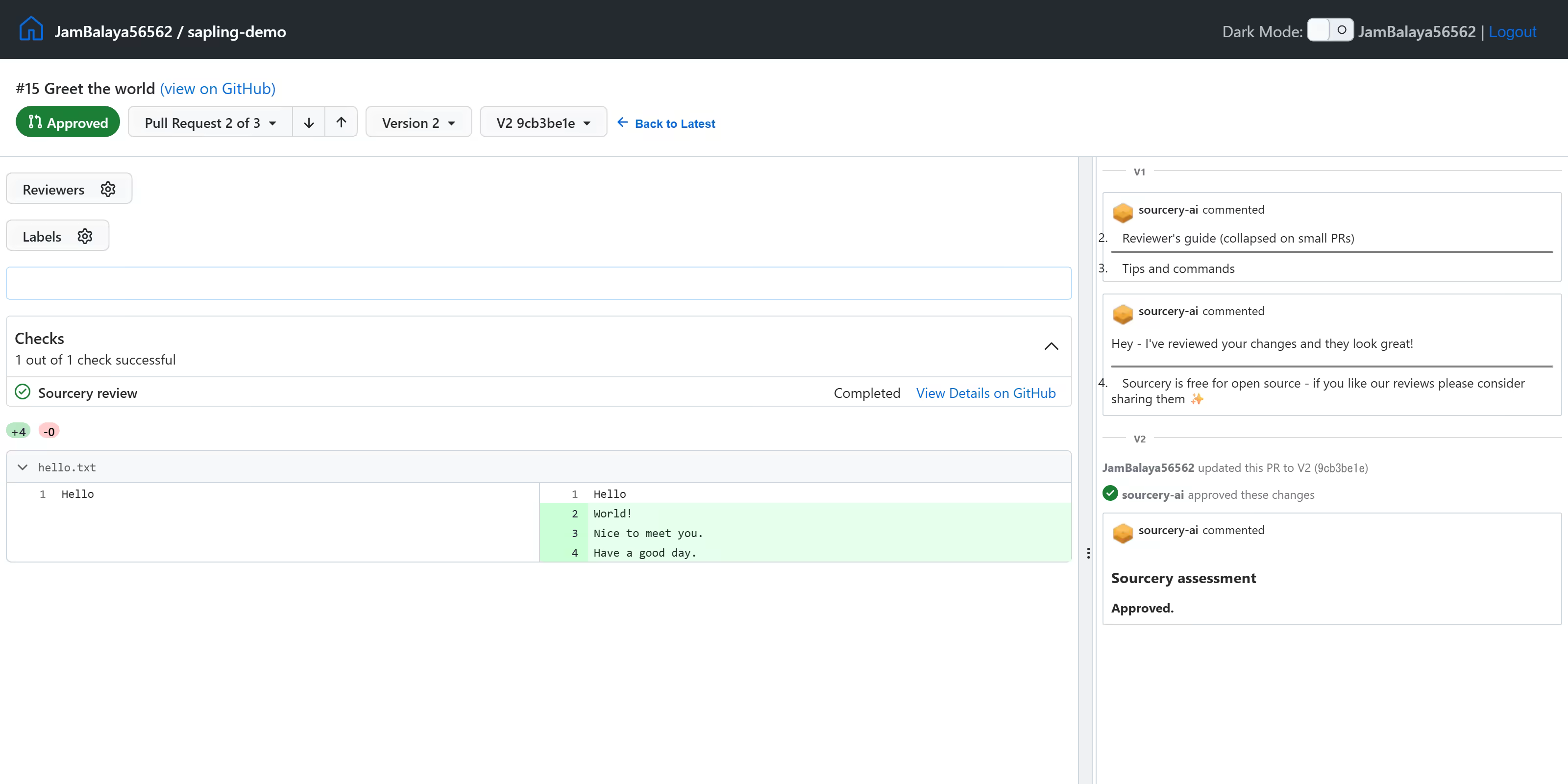 ReviewStack showing #15: Approved and the "Pull Request 2 of 3" switcher at the top, the Version 2 selector, Sourcery's comments on the right; the diff on the left is only the three lines this PR added to hello.txt