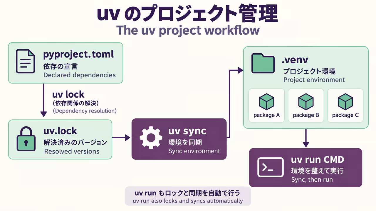 Dependencies declared in pyproject.toml are resolved into uv.lock and synced to .venv before execution. uv run also locks and syncs automatically